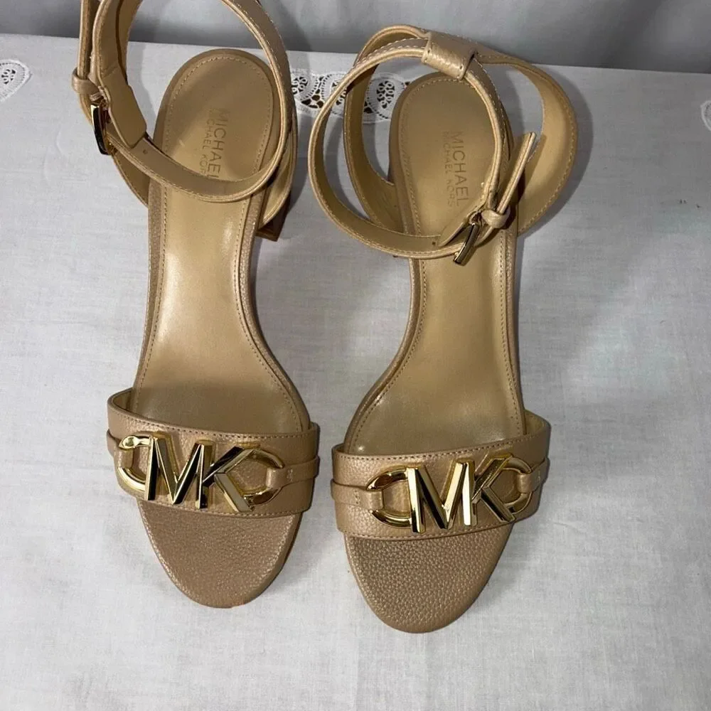 Michael Kors Women’s Nude Pebbled Leather Block Heel Sandals Gold MK Accent 3” H